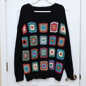 SHEIN Black Multicolor Grabby Square Crochet Sweater Size Large Boho Indie Retro